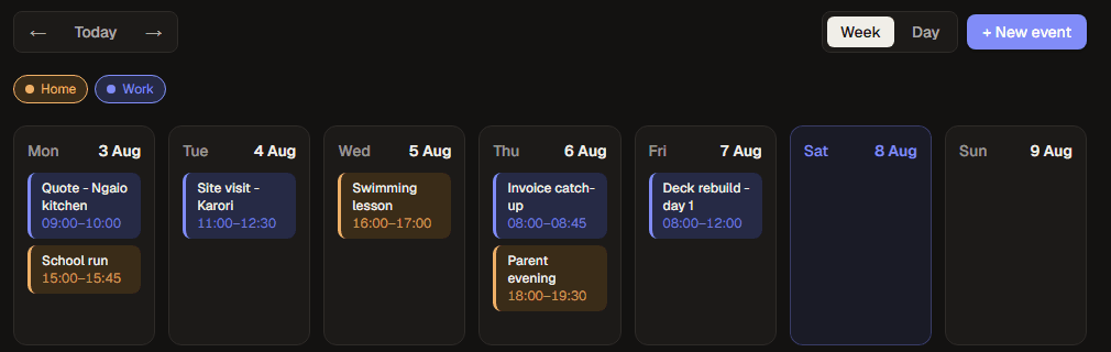 A week in Sidefolk with work jobs in indigo and family events in amber