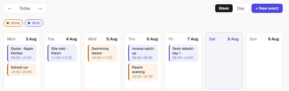 A week in Sidefolk with work jobs in indigo and family events in amber